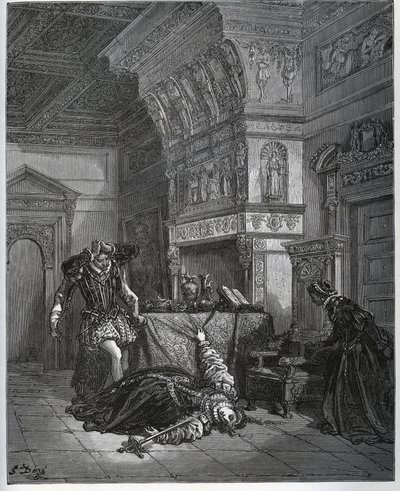 Suicídio de Camille em frente a Lothaire e Leonella - de "Don Quixote de la Mancha" de Miguel Cervantes (1547-1616) (Don Quixote) - Corte de madeira após desenho de Gustave Dore de Gustave Dore