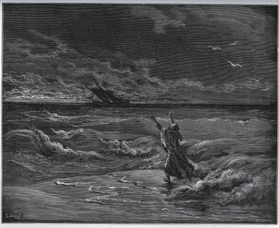 História cativa. Aagi-Morato, o pai de Zoraide, é barqueado na margem de "Dom Quixote de la Mancha" de Miguel Cervantes (1547-1616) (Dom Quixote) - Lenhador após desenho de Gustave Dore de Gustave Dore