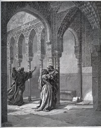 História cativa. Primeiro encontro do cativo com Zoraide no jardim de seu pai - de "Dom Quixote de la Mancha" de Miguel Cervantes (1547-1616) (Dom Quixote) - Lenhador após desenho de Gustave Dore de Gustave Dore