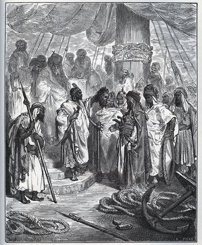 História cativa. A cabeça de Pagano Doria cortada pelos árabes - Os árabes cortaram-lhe a cabeça e levaram-na ao general da frota turca - de "Dom Quixote de la Mancha" de Miguel Cervantes (1547-1616) (Dom Quixote) - Lenhador após desenho de Gustave Dore de Gustave Dore