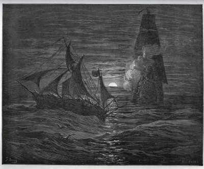 História cativa. O Barco de Fuga espanhol é atacado por um navio francês de "Don Quixote de la Mancha" de Miguel Cervantes (1547-1616) (Don Quixote) - Lenhador após desenho de Gustave Dore de Gustave Dore