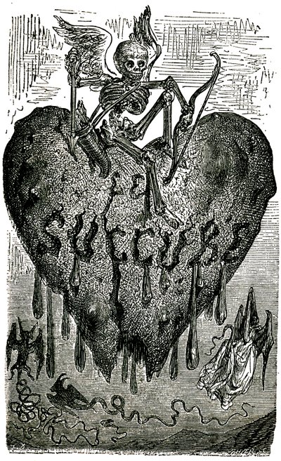 Ilustração da cabeça de capítulo de Gustave Dore para os Contos Drolatic (1855) de Honore de Balzac (1799-1850): o súcubo (vampiro) - esqueleto, morte, coração, sangue- de Gustave Dore