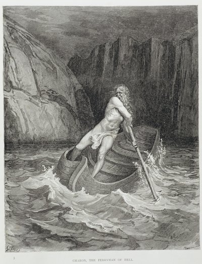 Charon, o barqueiro do inferno, da divina comédia (Inferno) por Dante Alighieri (1265-1321) gravado por Stephane Pannemaker (1847-1930) c.1868 de Gustave Dore
