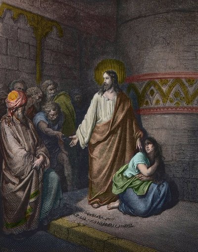 "Cristo e a Mulher Adúltera" Ilustração de Gustave Dore (1832-1883) - Jesus e a Mulher Tirada no Adultério - gravura de Gustave Dore - coloração posterior de Gustave Dore