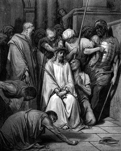 Cristo zombado e a coroa de espinhos colocada em sua cabeça de Gustave Dore