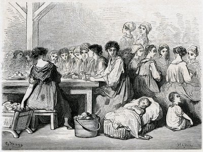 Cigarreras de Sevilha. Fabricação de charutos, trabalhadores, tabaco. Desenho de Gustave Dore ilustrando a “” Viagem em Espanha ”de Charles Davillier de Gustave Dore