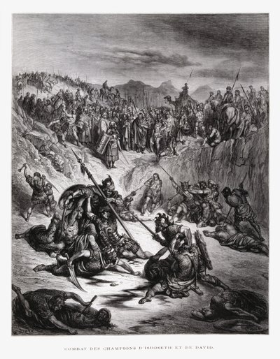 Soldados de combate de Ish-bosheth e David, ilustração da Bíblia de Dore de Gustave Dore