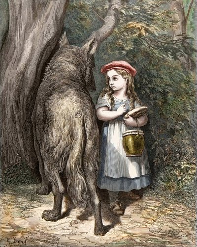 Atravessando a floresta, o pequeno capuchinho vermelho encontra o lobo. Gravura de Gustave Dore (1832-1883) de "The Tales" de Charles Perrault (1628-1703) de Gustave Dore