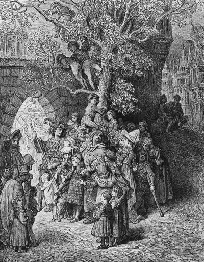 Multidão de espectadores e espectadores no casamento, cena de &39;The Rime of the Ancient Mariner&39; por ST Coleridge, publicado pela Harper und Brothers, Nova York, 1876 (gravura em madeira) de Gustave Dore