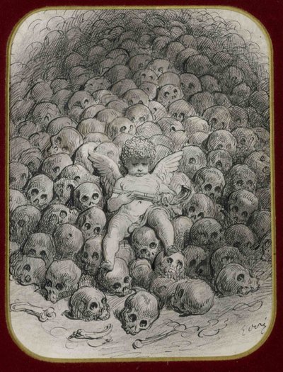 "Cupido com uma pistola no topo de uma montanha de crânio" Tinta e desenho de Gustave Dore (1832-1883) Colecção privada de Gustave Dore