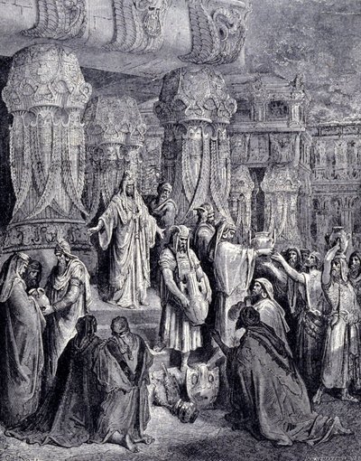 Ciro II o Grande (580 AC - 530 AC) libertou os povos cativos ao chegar na Babilônia em 539 AC e devolveu ao povo judeu os vasos sagrados que haviam sido tomados como despojos no templo de Jerusalém. Gravura de Gustave Doré. de Gustave Dore