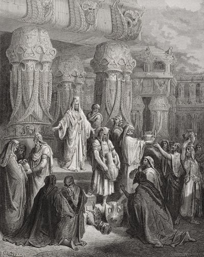 Ciro Restaurando os Vasos do Templo, ilustração da "Bíblia Sagrada" de Dore, gravada por Pannemaker, 1866 de Gustave Dore
