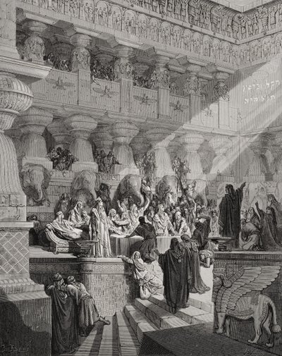 Daniel Interpretando a Escrita na Parede, Daniel 5: 25-28, ilustração da "Bíblia Sagrada" de Dore, gravada por Ligny, 1866 de Gustave Dore