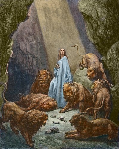 Daniel est jete dans la fonds aux lions - Daniel in the Den of Lions - gravura de Gustave Dore - coloração posterior de Gustave Dore