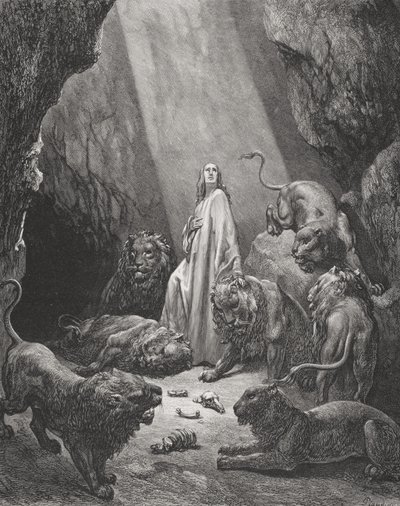 Daniel no Covil dos Leões, Daniel 6: 16-17, ilustração da "Bíblia Sagrada" de Dore, gravada por Piaud, 1866 de Gustave Dore