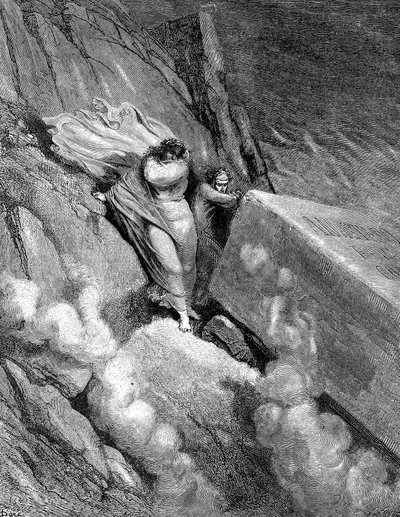 Dante e Virgílio à beira do abismo de onde saía um cheiro fétido, 1863 de Gustave Dore