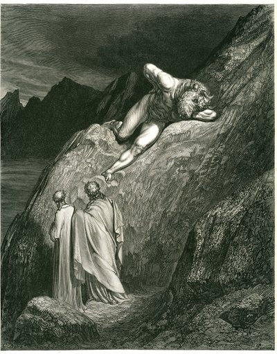 Dante e Virgílio encontram o Minotauro. Gravura de O Inferno de Dante Alighieri (a Divina Comédia) ilustrada por Gustave Dore. Edição francesa de 1861. "E in su la punta della rotta lacca/L