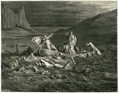 Dante e Virgílio navegam, conduzidos por Nocher Phlegyas, no Estige, onde se encontram represas, que tentam subir para o barco. Gravura de O Inferno de Dante Alighieri (a Divina Comédia) ilustrada por Gustave Dore. Edição francesa de 1861. "Segando se ne de Gustave Dore