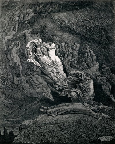 Dante e Virgil com Paolo e Francesca, Ilustração para Inferno, Canto V da Divina Comédia, de Dante Alighieri (1265-1321), de Gustave Dore (1832-1883) de Gustave Dore
