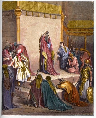 David, Rei do Reino Unido de Israel Lamentando a Morte de Absalão. Rei Davi inconsolável da morte de Absalão (Avshalom) - Gravura em "The Bible illustree" de Gustave Dore (1832-1883) - Gravura em "The Dore Bible". de Gustave Dore