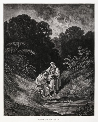 David e Jónatas, figuras heróicas do Reino de Israel, que fizeram um pacto de amizade registado nos livros de Samuel, Ilustração da Bíblia de Dore de Gustave Dore