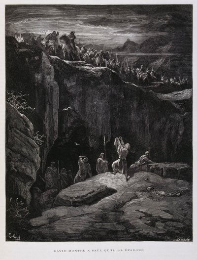 David oferece a sua espada em sinal de lealdade a Saul, rei de Israel, Ilustração da Bíblia de Dore de Gustave Dore