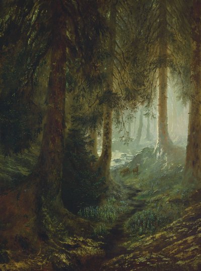 Cervos em uma paisagem de floresta de Gustave Dore