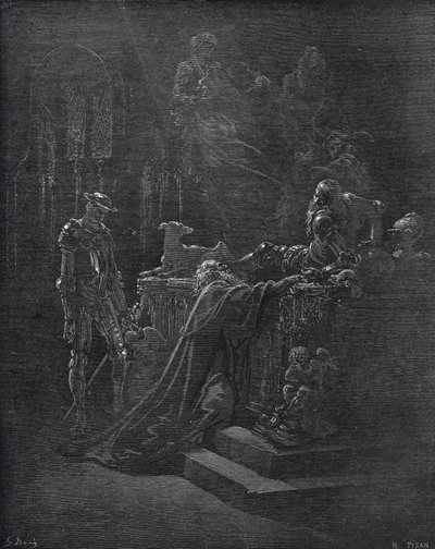 Dom Quijote, Montesinos e Durandarte, na caverna de Montesinos - de "Dom Quixote de la Mancha" de Miguel Cervantes (1547-1616) (Dom Quixote) - Lenhador após desenho de Gustave Dore de Gustave Dore