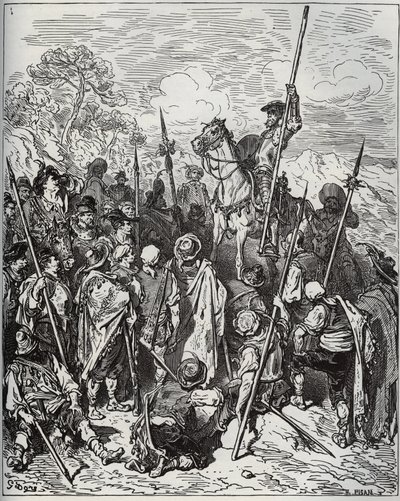 Dom Quijote e Sancho com a esquadra dos aldeões - de "Dom Quixote de la Mancha" de Miguel Cervantes (1547-1616) (Dom Quixote) - Lenhador após desenho de Gustave Dore de Gustave Dore