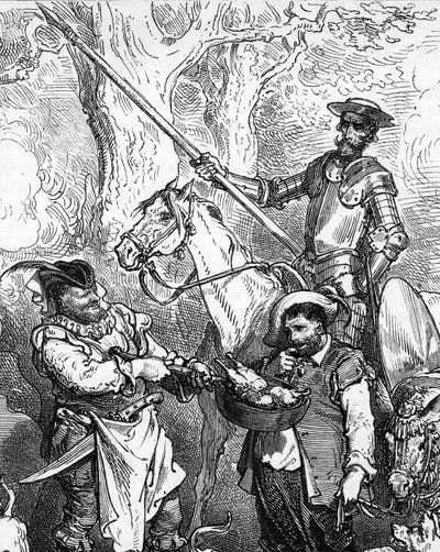 Dom Quixote (Quixote ou Qijote), lança à mão e monta no seu cavalo Rossinant, está pronto para partir à aventura. O seu fideleiro, o gourmet Sancho Pança (Panca), hesita diante de um bom prato de carne. Pormenor de uma gravura de Gustave Dore que ilustra de Gustave Dore