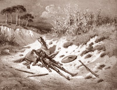 Dom Quixote Depois do seu espancamento, Quixote pede a sua dama ideal Dulcinea del Toboso Gravura de Gustave Dore (1832-1883) para "O Ingenieux Hidalgo Dom Quixote de la Mancha (Quixotte - Quijote)" de Miguel por Cervantes (1547-1616) 1863 Colecção privada de Gustave Dore