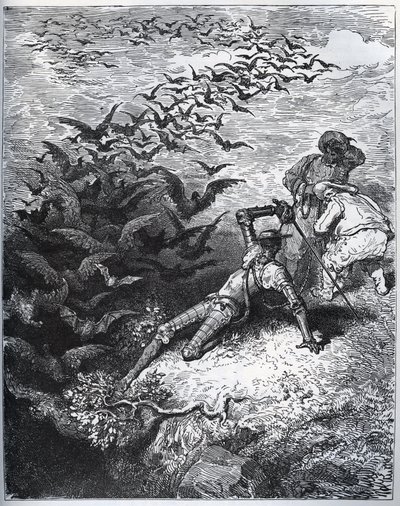 Dom Quixote a la cave de Montesinos - Um número infinito de corvos e torres voam da caverna de Montesinos, derrubando Dom Quijote ao chão (II, 22) - de "Dom Quixote de la Mancha" de Miguel Cervantes (1547-1616) (Dom Quixote) - Lenhador após desenho de Gustave Dore