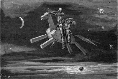 Dom Quixote e Sancho Pança no céu, entre a lua e as estrelas, montados no cavalo de madeira Clavilegne. Gravura de Gustave Dore ilustrando a edição Hachette de 1869 do livro "L