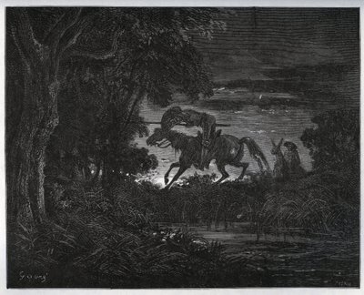 Dom Quixote e Sancho Panza no início da aventura numa floresta espessa e desconhecida - de "Dom Quixote de la Mancha" de Miguel Cervantes (1547-1616) (Dom Quixote) - Lenhador após desenho de Gustave Dore de Gustave Dore