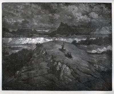Dom Quixote e Sancho Panza continuam suas aventuras em uma região montanhosa, Sierra Morena - de "Dom Quixote de la Mancha" de Miguel Cervantes (1547-1616) (Dom Quixote) - Corte de madeira após desenho de Gustave Dore de Gustave Dore
