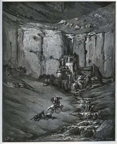 Dom Quixote e Sancho Panza descobrem o que causou sua preocupação, uma cachoeira e um moinho um foulon - de "Dom Quixote de la Mancha" de Miguel Cervantes (1547-1616) (Dom Quixote) - Lenhador após desenho de Gustave Dore de Gustave Dore