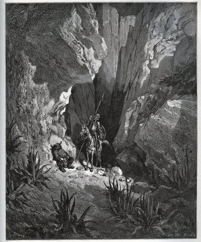 Dom Quixote e Sancho Panza encontram as coisas de um viajante - de "Dom Quixote de la Mancha" de Miguel Cervantes (1547-1616) (Dom Quixote) - Lenhador após desenho de Gustave Dore de Gustave Dore