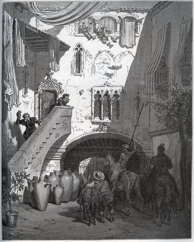 Dom Quixote e Sancho Panza, convidados por Don Diego de Miranda em casa, são recebidos pela esposa e filho do cavalheiro - de "Dom Quixote de la Mancha" de Miguel Cervantes (1547-1616) (Dom Quixote) - Lenhador após desenho de Gustave Dore de Gustave Dore