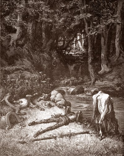 Don Quixote e Sancho Panza refrescam-nos num riacho Gravura de Gustave Dore (1832-1883) para "L