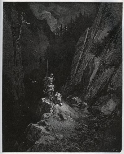 Dom Quixote e Sancho Panza afundam na Serra Morena - de "Dom Quixote de la Mancha" de Miguel Cervantes (1547-1616) (Dom Quixote) - Lenhador após desenho de Gustave Dore de Gustave Dore