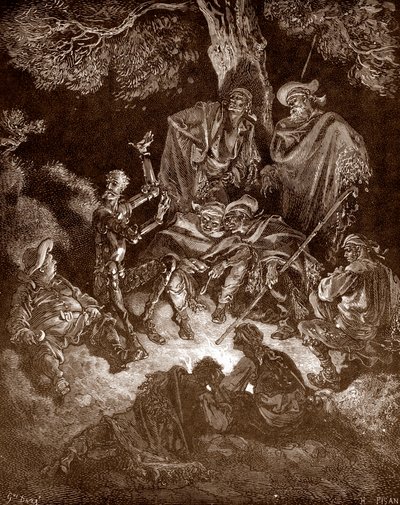 Don Quixote e Sancho Panza com os Goatherds Engraving de Gustave Dore (1832-1883) para "L