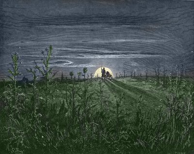 Dom Quixote e Sancho, a caminho de Toboso - de "Dom Quixote de la Mancha" de Miguel Cervantes (1547-1616) (Dom Quixote) - Lenhador após desenho de Gustave Dore (1832-1883) de Gustave Dore
