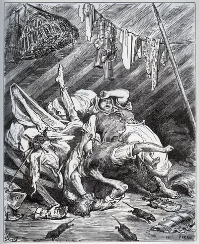 Dom Quixote e um fabricante de mulas lutando por Maritornes, o caseiro, que Dom Quixote toma por sua Dulcinéia - de "Dom Quixote de la Mancha" de Miguel Cervantes (1547-1616) (Dom Quixote) - Lenhador após desenho de Gustave Dore de Gustave Dore