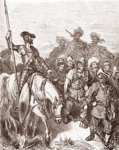 Dom Quixote e Sancho Panza interrogam os criminosos que estão a ser levados para as galeras Gravura de Gustave Dore (1832-1883) para "L