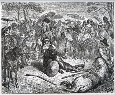 Dom Quixote espancado no meio de um grupo de mercadores - O fabricante de mulas experimentou o jogo - de “Dom Quixote de la Mancha” ”de Miguel Cervantes de Gustave Dore
