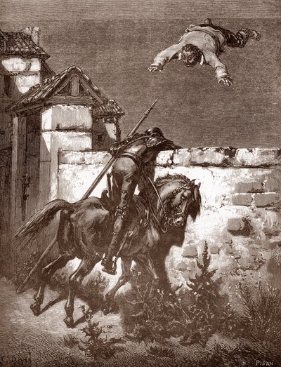 Dom Quixote não consegue parar os lançadores de Sancho Panca que o fazem saltar sobre um cobertor (as demonstrações de "Dom Quixote" não influenciam os lançadores) Gravação de Gustave Dore (1832-1883) para "L