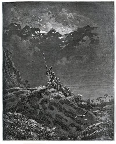 Dom Quixote vai em missão para Dorothee, acompanhado por Sancho Panza, barbeiro, Dorothee, cura e Cardenio - de "Dom Quixote de la Mancha" de Miguel Cervantes (1547-1616) (Dom Quixote) - Lenhador após desenho de Gustave Dore de Gustave Dore