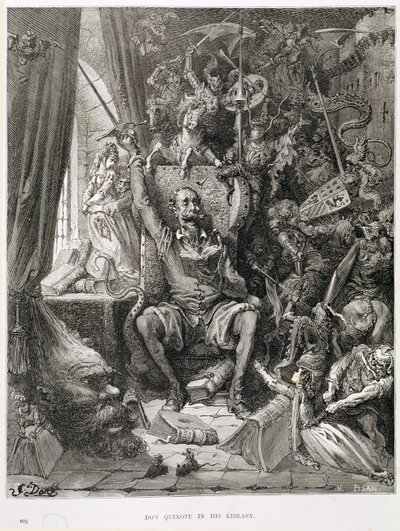 Dom Quixote em sua biblioteca, gravada por Heliodore Joseph Pisan (1822-90) c.1868 de Gustave Dore