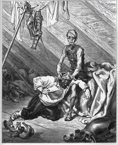 Dom Quixote faz Sancho Pança provar seu precioso bálsamo dos sentidos curar os dois de todos os males - de “Don Quixote de la Mancha” de Miguel Cervantes de Gustave Dore