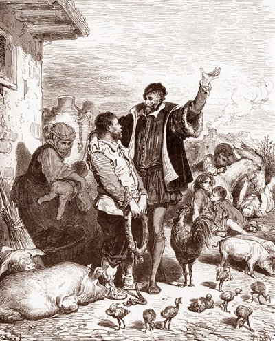 Dom Quixote convence o seu vizinho Sancho Panza a tornar-se seu escudeiro prometendo torná-lo governador de alguma ilha conquistada Gravura de Gustave Dore (1832-1883) para "L